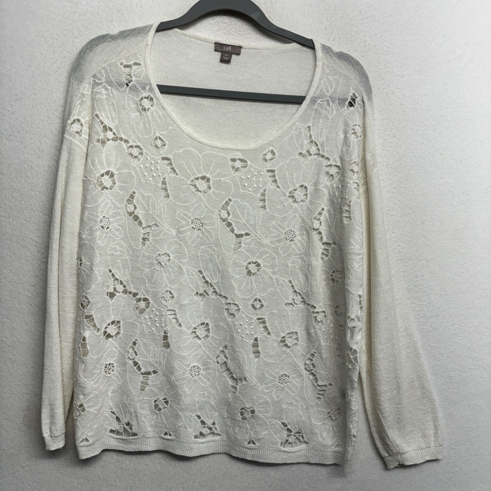 J‎ Jill Knit Floral Sweater White Linen Blend L Petite Sheer